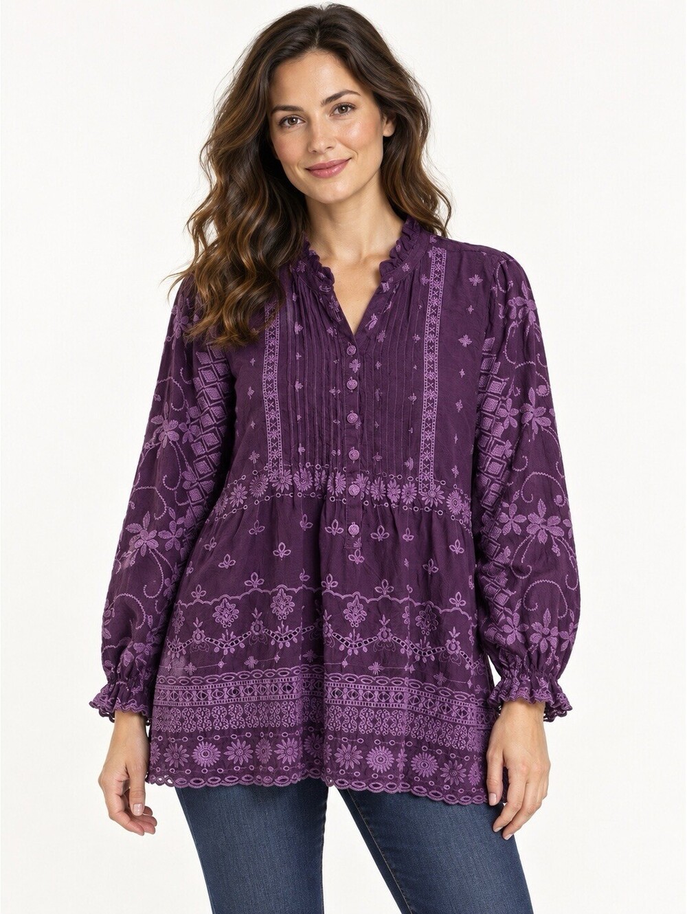 Johnny Was purple embroidered boho tunic